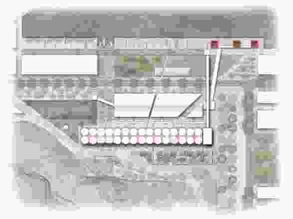 Plan of the Glebe Island site. Existing structures to be reprogrammed are highlighted red.