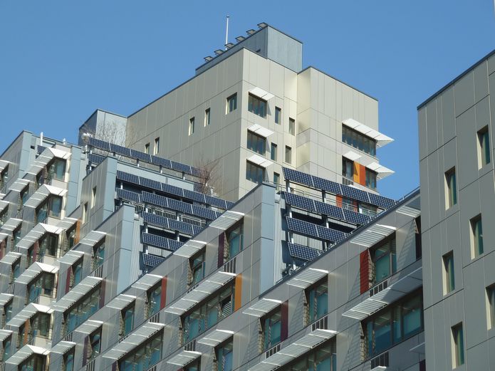 Via Verde by Grimshaw Architects and Dattner Architects boasts the prominent presence of sustainable design elements, in particular solar control awnings and solar panels.