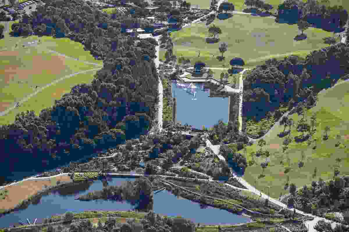 Aerial perspective of Sydney Park. 
