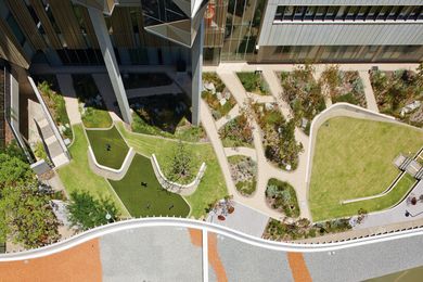 A continuous landscape character is woven through the Fiona Stanley Hospital precinct, connecting courtyards, plazas, parklands, rooftops and bushland.