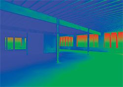 An image generated from Autodesk Ecotect Analysis depicting the effect of proposed shading devices in reducing perimeter glare and excessive insolation in order to create a work environment where the use of artificial lighting can be minimized. Image courtesy of ARBA Studios.