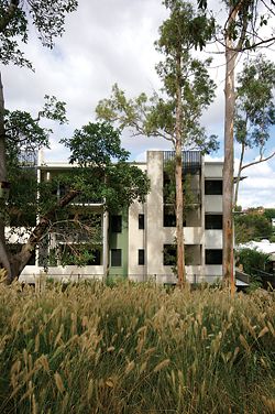 The “raw and uncompromising” facade of the Grey Gums Apartments. The affordable housing project is sited at the Kelvin Grove Urban Village, two kilometres from Brisbane’s CBD. Image: Jason Haigh. 