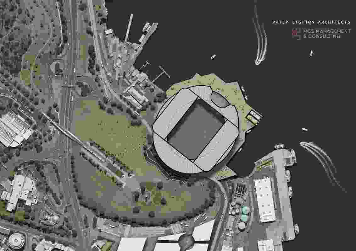 Concept design for the proposed stadium at Regatta Point in Hobart by Philp Lighton Architects.