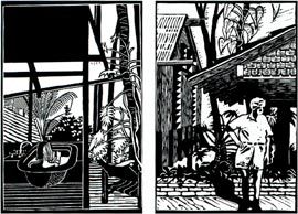 Etchings by Rex Addison featuring the houses designed for his family in Taringa.