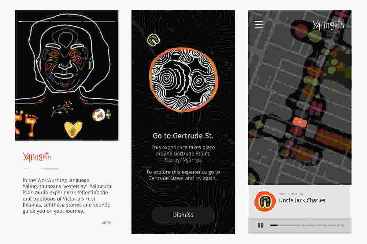 Screenshots of the Yalinguth mobile app. The design team took great care with the interface, aiming for “clear, direct and friendly” graphics. All icons were made by Aboriginal artists.