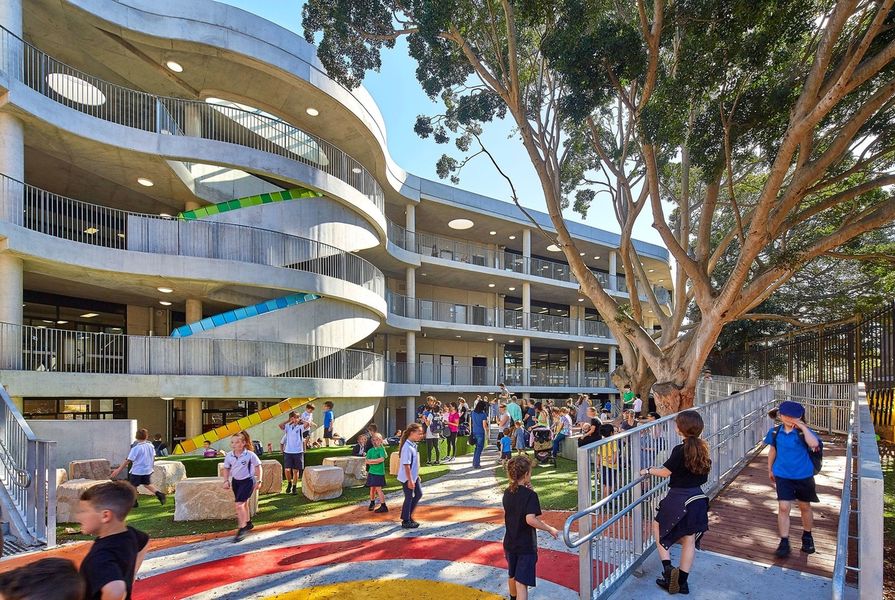 Bellevue Hill Public School by Group GSA is provided as an example in the manual for its use of of an existing large tree to provide shading to the play area.