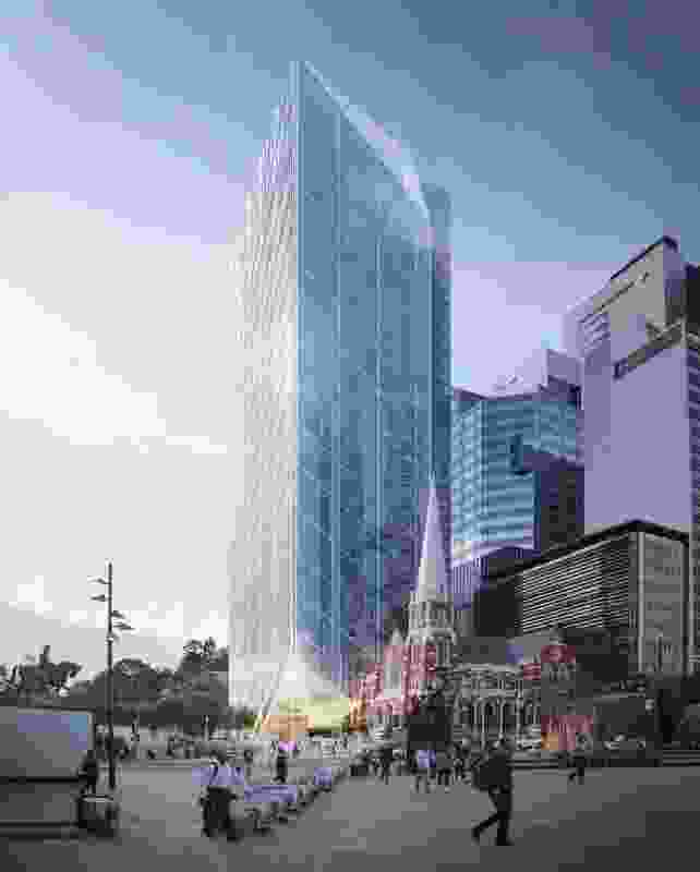 The proposed mixed-use tower at the corner of Turbot and Alfred Streets in the Brisbane CBD by Guida Moseley Brown Architects.