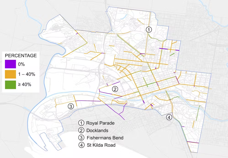 Proposed future bicycle lanes have even less tree cover than existing bike lanes.
