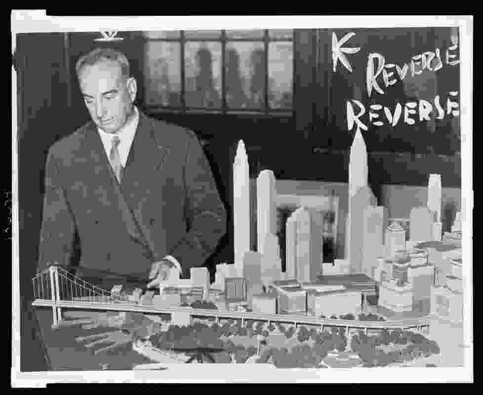 Planner Robert Moses with a model of LOMEX and Manhattan Island.