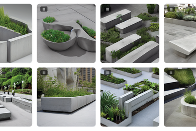 A series of images created by entering the text: “Creative and unusual concrete bench designs with integrated planter elements and rough gray concrete with fractured or curvilinear forms. Shown in a tiled plaza. Incorporating design elements in the style of Carlo Scarpa or Zaha Hadid. Realistic octane render architecture press publication media photography” into text-to-image model Stable Diffusion.