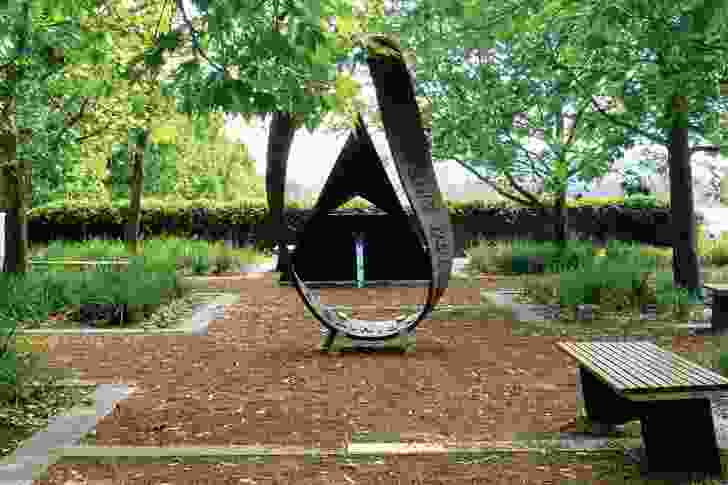 Sculptures are beginning to inhabit the space: Mobius Strip (foreground) and Szilassi Polyhedron (background), both installed by Questacon.