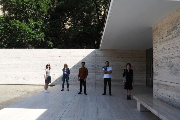 The 2017 Dulux Study Tour participants at the Barcelona Pavilion by Ludwig Mies van der Rohe. From left: Louisa Gee, Imogene Tudor, Alberto Quizon, Morgan Jenkins and Claire Scorpo.