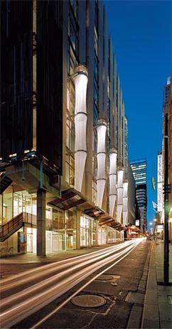 Looking along the Little Collins Street facade, with the shower towers lit. Image: Dianna Snape
