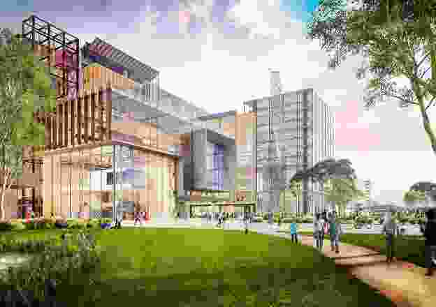 由Grimshaw设计的墨尔本大学fishmans Bend校园的初步概念渲染。