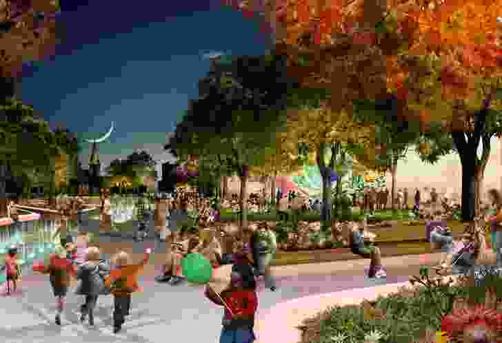 Parramatta Square draft concept design by JMD Design, Taylor Cullity Lethlean, Tonkin Zulaikha Greer, and Gehl Architects. At night, the water feature will be animated with light projections.