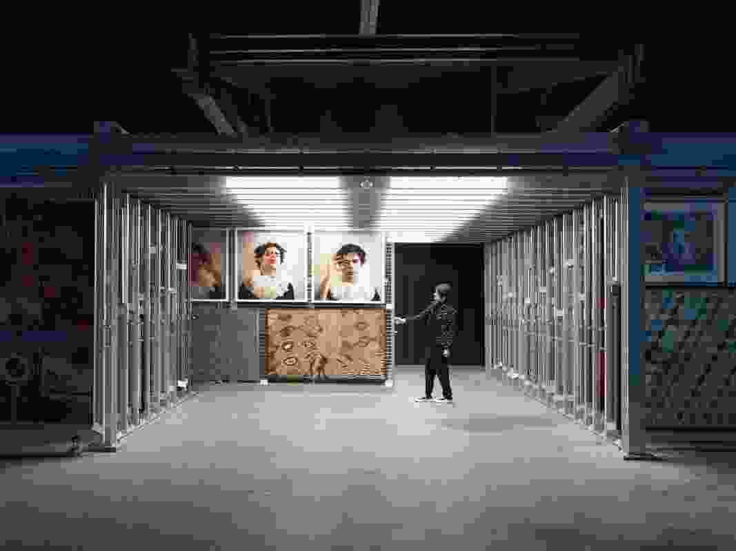 The archives are positioned so that visitors can engage directly with the racking system. Artwork (clockwise from left): Tuppy Goodwin, Christian Thompson, Charlie Tararu Tjungurrayi and Lisa Wolfgramm.