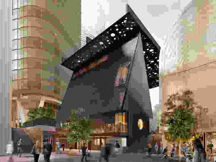 The proposed plaza and building on Sydney's George Street designed by David Adjaye and Daniel Boyd.