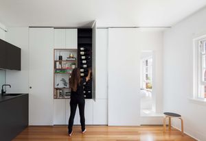 A tetris-like joinery component allows the apartment to support flexible use. Wire sculpture: Mark Swartz.