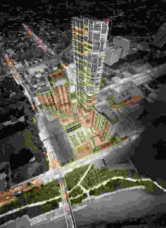 Aerial view of the 60- and 25-storey towers by PTW Architects and 35-storey by Collins and Turner.