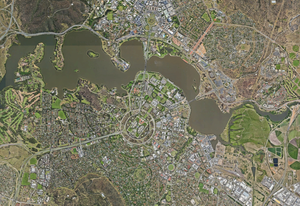 Aerial view of Canberra's Lake Burley Griffin and surrounds.