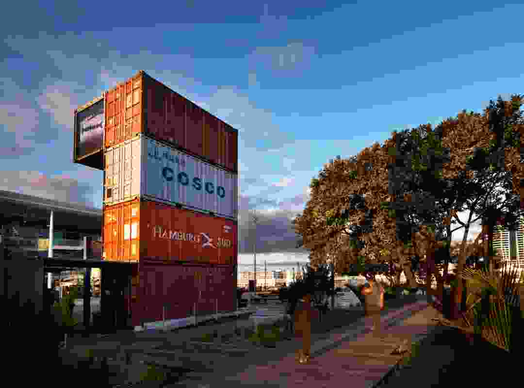 Karanga Plaza's boardwalk and information pavilion constructed from shipping containers.