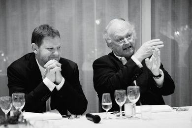 Glenn Murcutt (right) with Tim Engelen of Dedece at a conversational dinner hosted by Vola, Dedece and Architecture Australia.