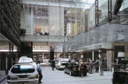 Looking west, towards George Street, down the new “street” cut through the city block. The foyer is to the right with Glass Brasserie seen above. Image: Richardson Glover