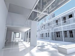 View from the public gallery across the central landscaped courtyard towards the historic building.