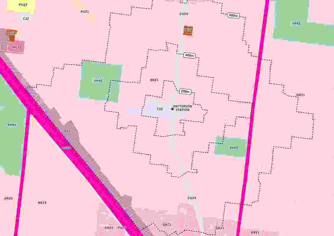 Existing zoning around Patterson Station in the Melbourne suburb of Bentleigh.