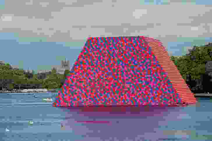 The London Mastaba – a floating platform of wrapped oil barrels, moored on the Serpentine Lake, Hyde Park, 2016–2018 – is the first installation in London by Christo and Jeanne-Claude.