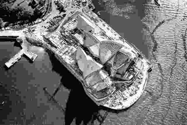 Aerial view of the Sydney Opera House under construction, 1966.