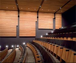 The interiors of the “black box” cinemas contrast with the spacious environment of the gallery spaces.