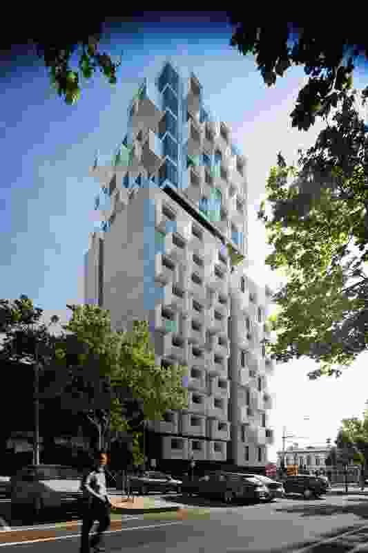 Upper House, located on the corner of Swanston and Queensberry Streets in Carlton, Melbourne, comprises an eleven-storey podium element beneath a five-storey “cloud” element.