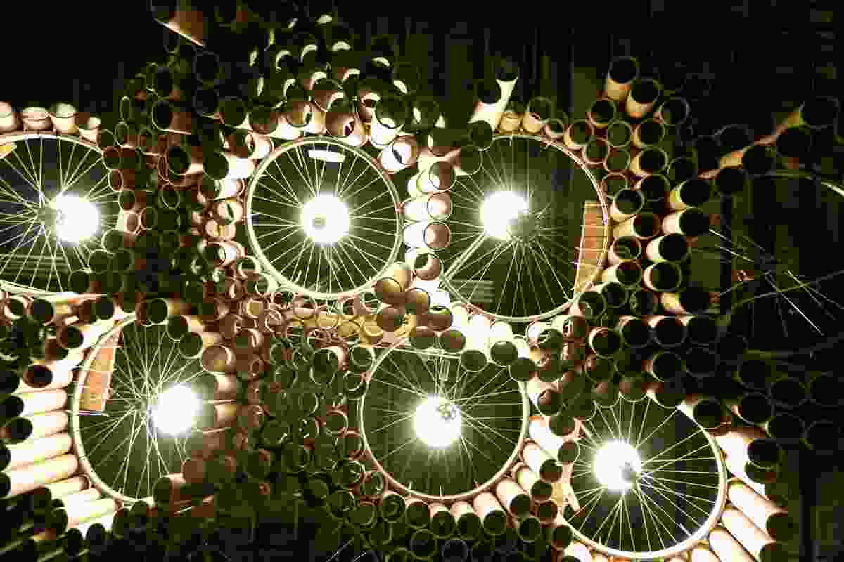 Sydney: cardboard cylinders and bicycle wheels make a lighwall.