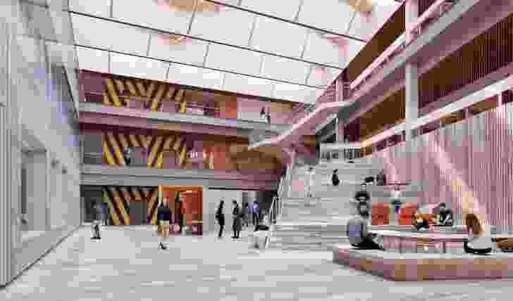 The large atrium that connects the two elongated sheds is suitable for community as well as university events.