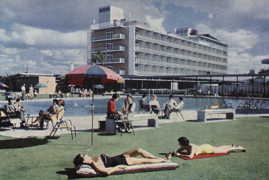 Sunbathers at Lennons Hotel in Broadbeach, 1958. Architect: Karl Langer.