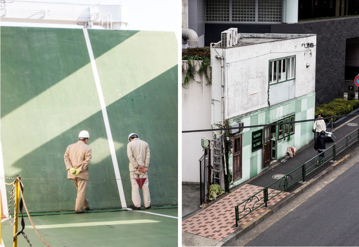 Left: Ferry workers wait for the lowering of a bridge, Tokyo Port. Right: "Pet Architecture" occupies a remnant title boundary in Roppongi.