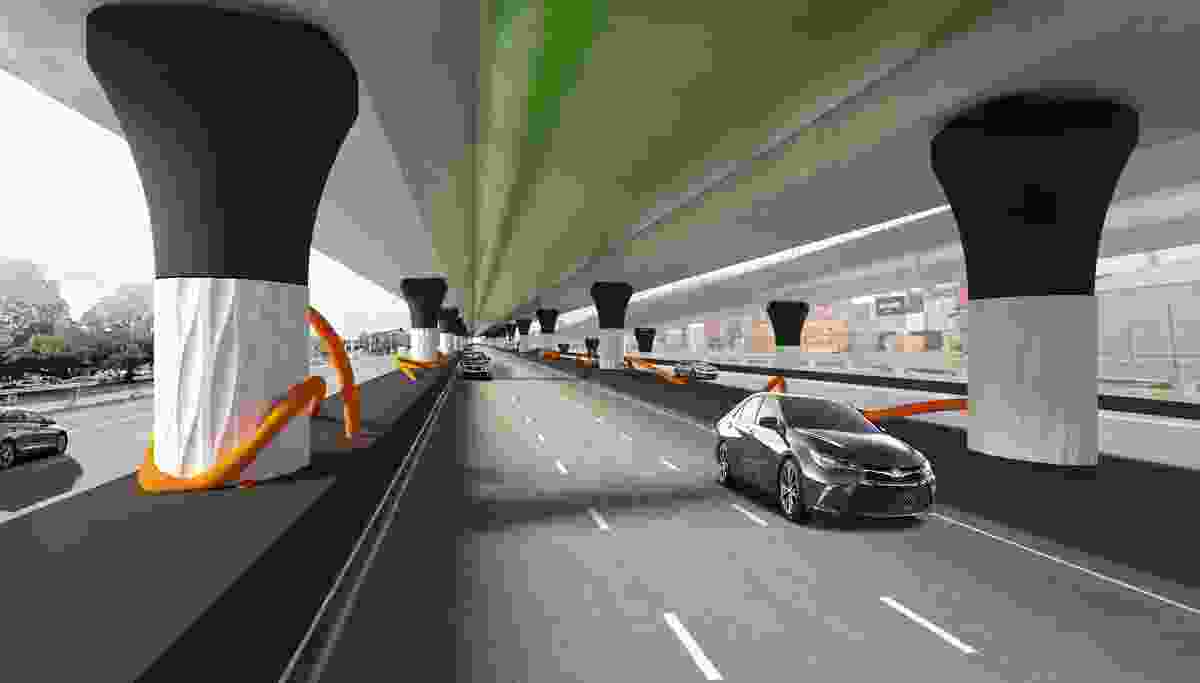 The elevated road structure that forms part of the West Gate Tunnel Project will be built directly above Footscray Road. The veloway suspended above in green. 