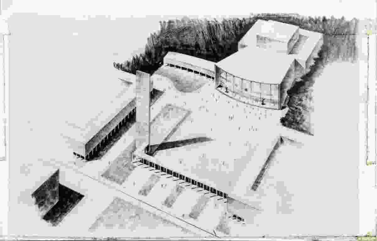 Cumberland County Council's scheme for a proposed civic centre on the Sydney Hospital site. Architect unknown, Cumberland County Council  1955.