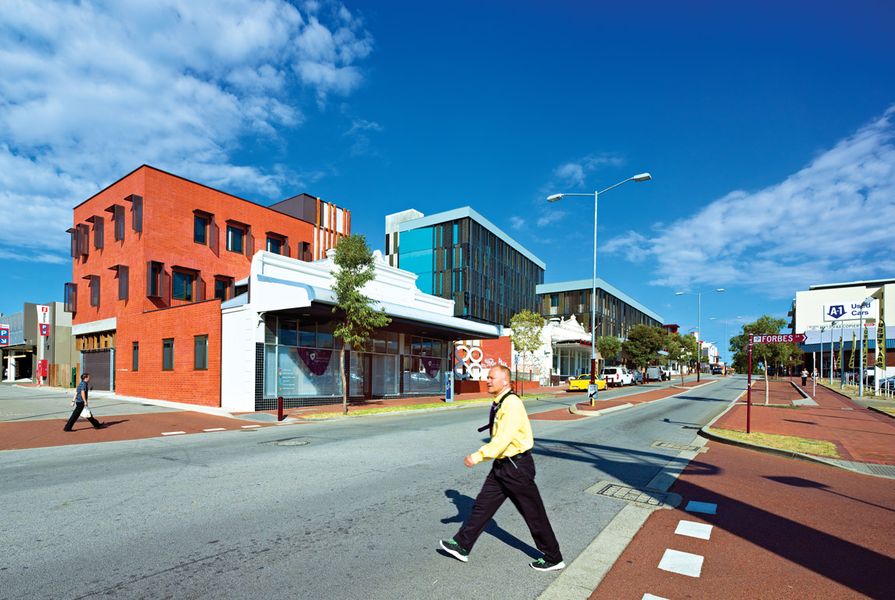 The Women’s Health and Family Services building (left) and Foundation Housing (right) are located in Northbridge, on the edge of the Perth CBD.