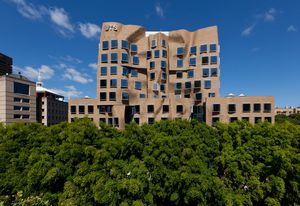 The eastern facade is made up of 320,000 hand laid, custom design bricks.
