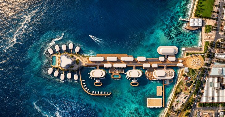 The 12 villas are intended to have their own private super yachts berthed at their door, and a glass-bottom living room revealing the marine life below.