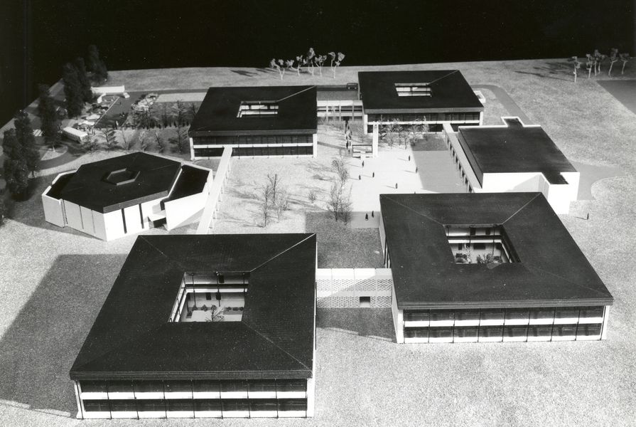 Undated photograph of a model of the doughnut schools designed by Michael Dysart,
NSW Government Architect's Branch. 