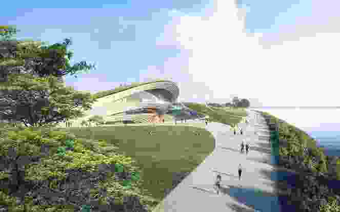 A view from the promenade of the winning proposal for Singapore Founders Memorial by Kengo Kuma and Associates and K2LD Architects.