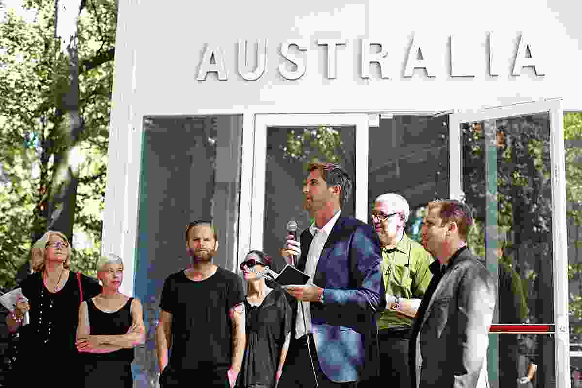 The opening of the 2012 Australian pavilion. From left to right: Janet Holmes à Court, Eva Dijkstra, Michael Lugmayr, Shelley Penn, Gerard Reinmuth, Geoffrey London and Anthony Burke. 