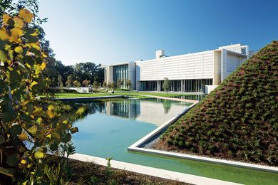 The view to the gallery from the rear of the skyspace sculpture.