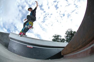 Skateboarder Jack Crook performs a switch crooked grind at “the new benchmark for intergenerational public spaces in australia.”