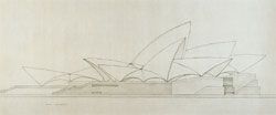 Eastern elevation of the competition scheme for the Sydney Opera House, 1956. This shows the irregular, low-vaulted roofs of the original scheme. State Records New South Wales.