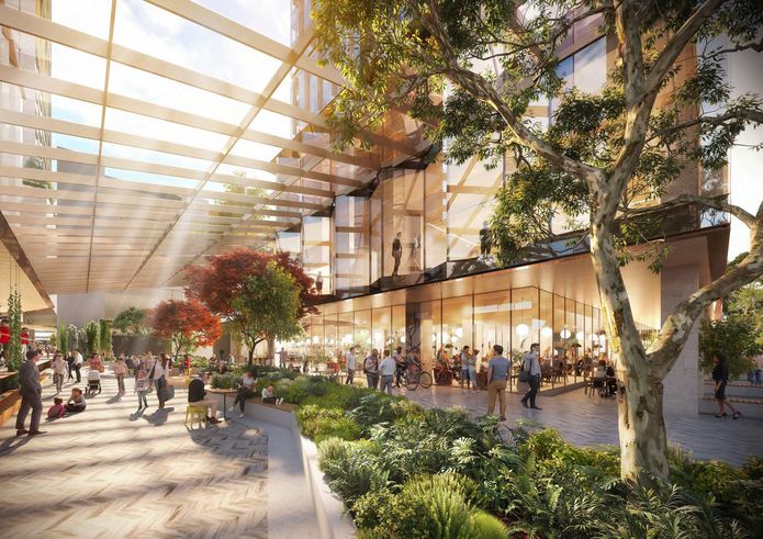 A network of public plazas and laneways, with landscape architecture by Plan E, will connect the buildings.