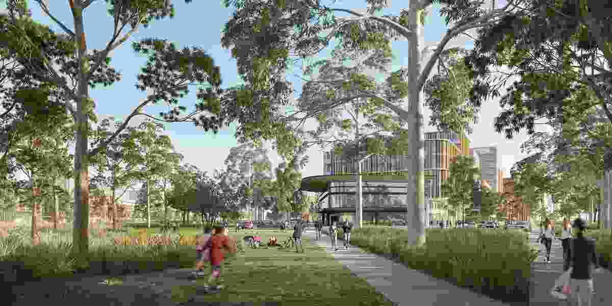 A visualization of the central riparian park within the Northern Gateway precinct’s specialized centre, an area focusing on employment that is envisaged to develop around the future metro station.